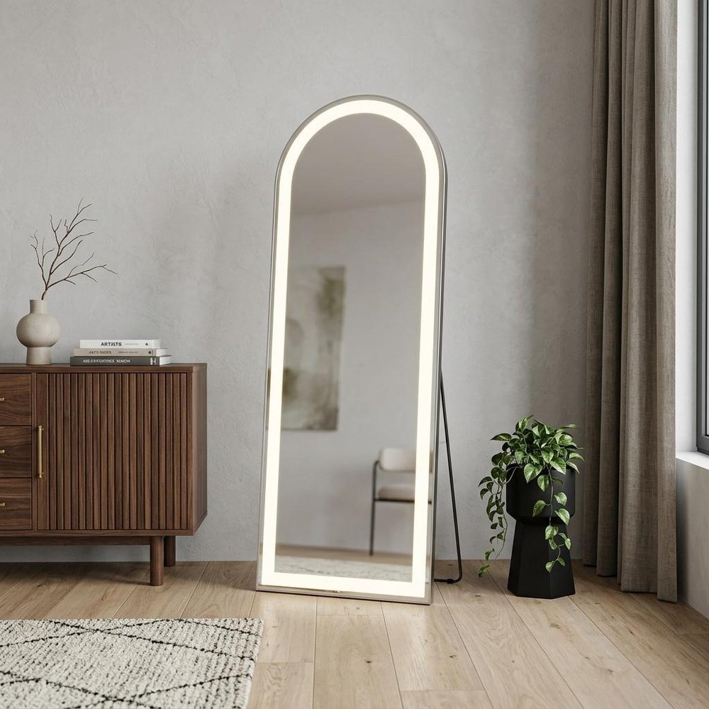 60" Silver Glass Arch Lighted Wall Mounted Leaning And Freestanding Framed Full Length Mirror