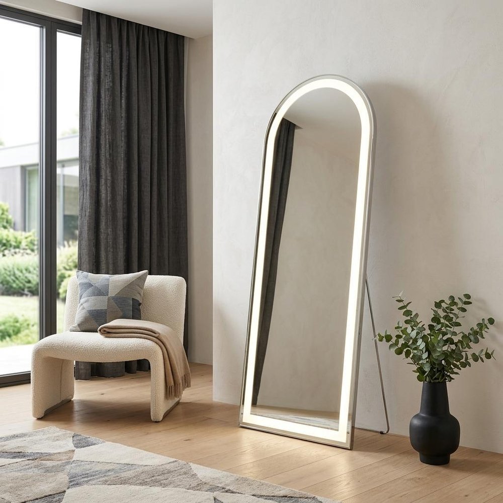 60" Silver Glass Arch Lighted Wall Mounted Leaning And Freestanding Framed Full Length Mirror