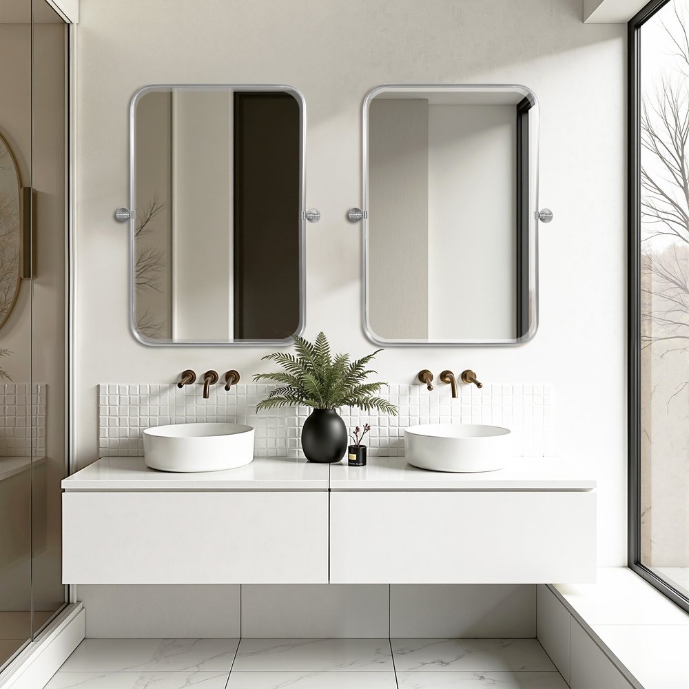Set of Two Silver Iron Tilting Framed Bathroom Vanity Mirror