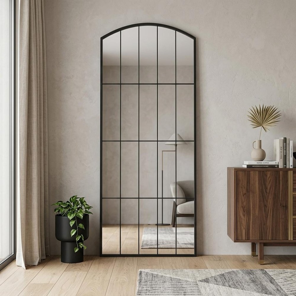 67" Black Metal Geometric Arch Wall Mounted Or Leaning Framed Full Length Mirror