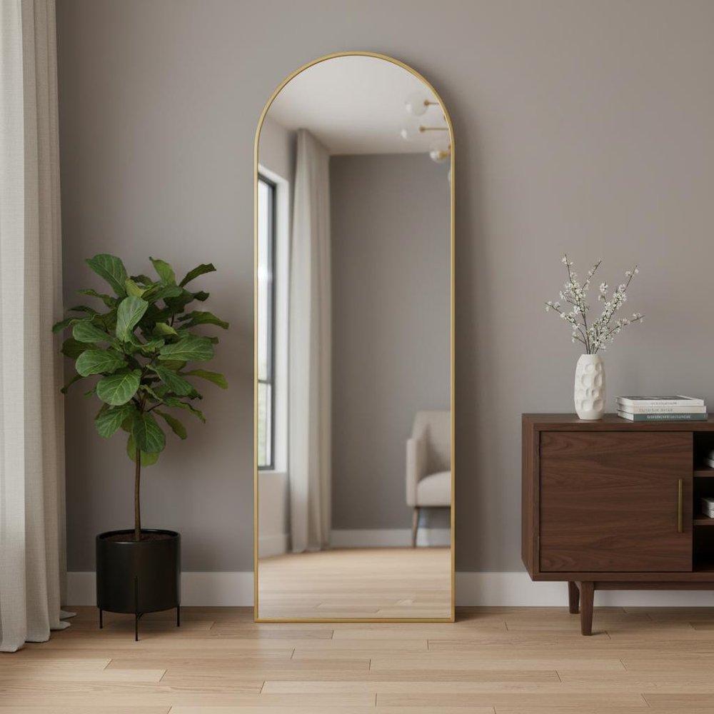 64" Gold Metal Arch Freestanding Framed Standing Mirror