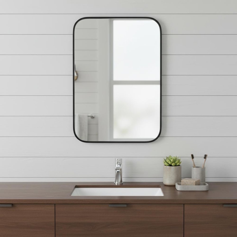 24" Black Metal Framed Bathroom Vanity Mirror With Cabinet