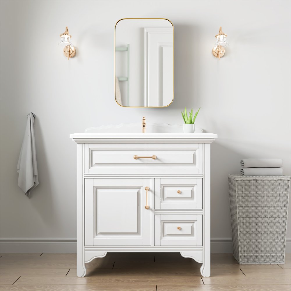 24" Gold Metal Framed Bathroom Vanity Mirror With Cabinet
