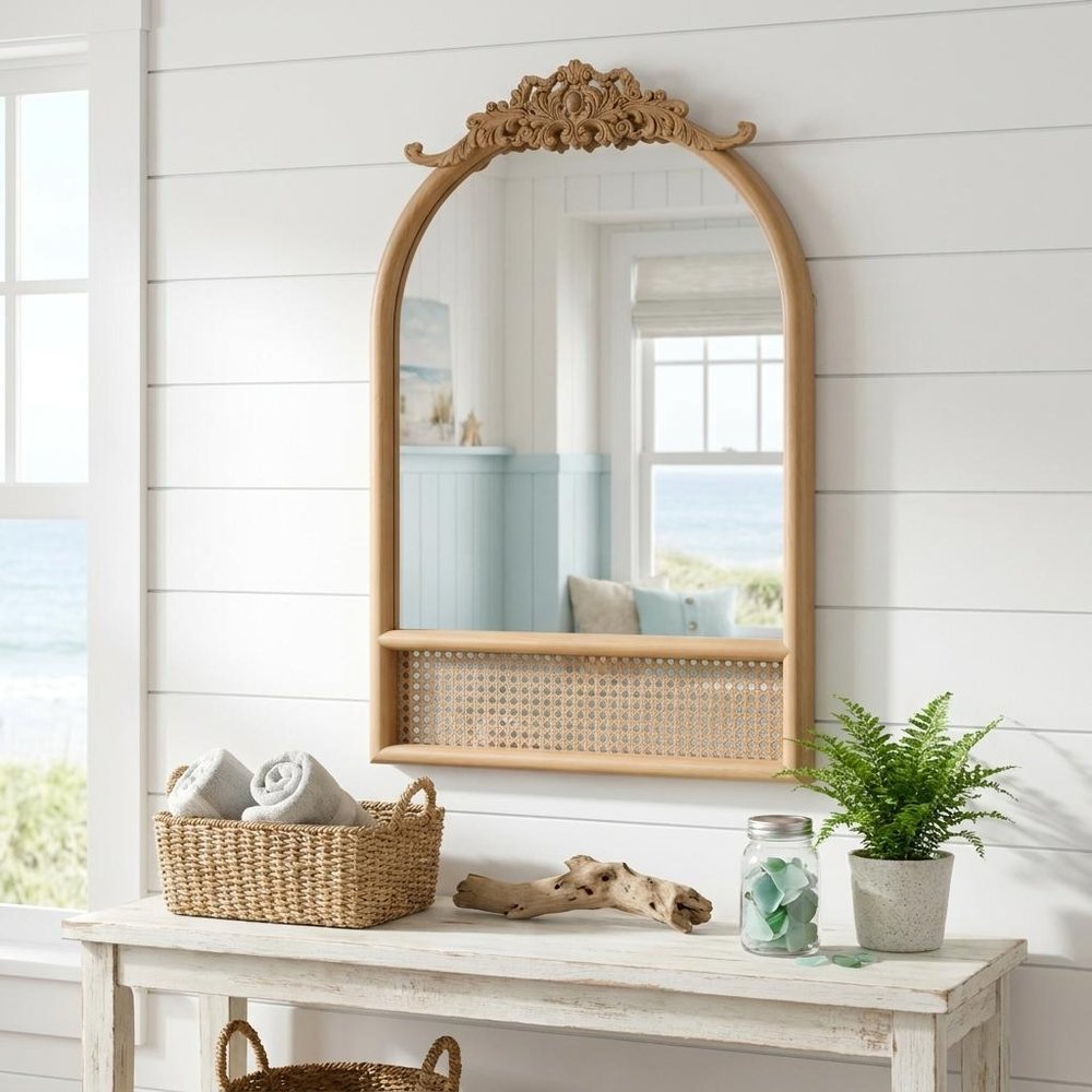 36" Brown Wood And Rattan Arch With Scroll Framed Accent Mirror