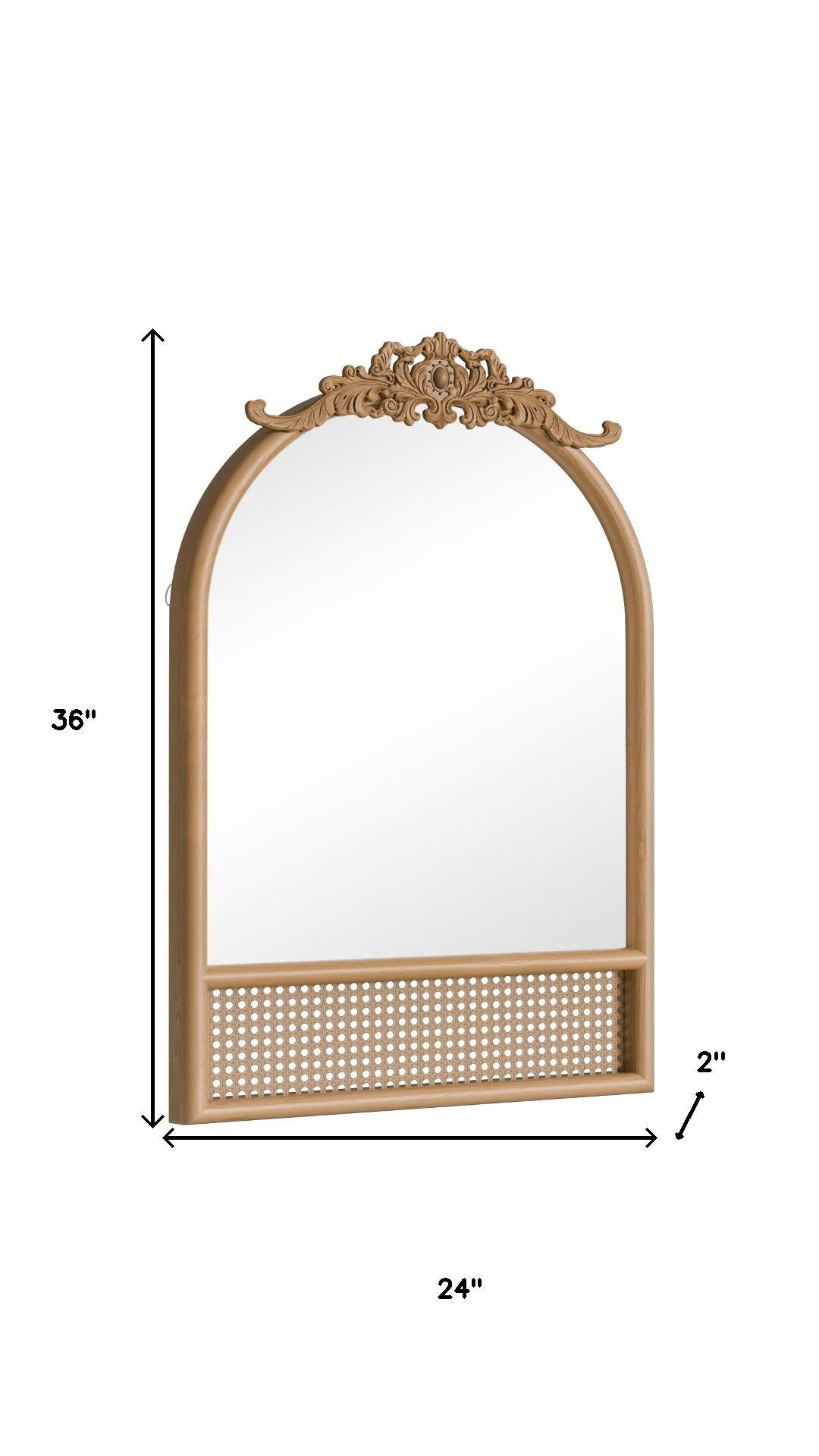 36" Brown Wood And Rattan Arch With Scroll Framed Accent Mirror