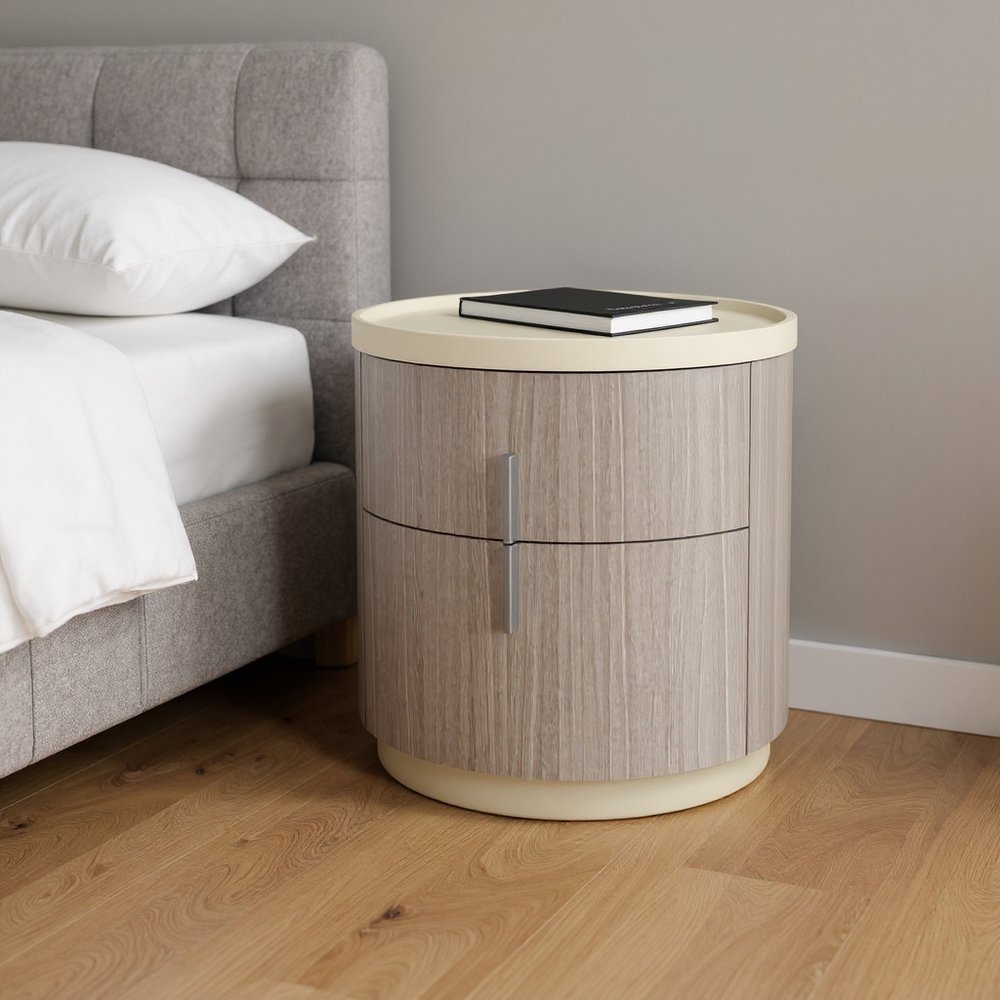 20" Beige And Oak Wood Round Two Drawer Nightstand