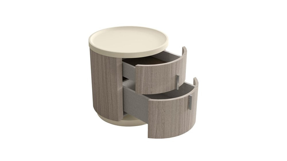 20" Beige And Oak Wood Round Two Drawer Nightstand