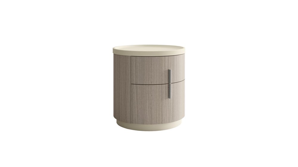 20" Beige And Oak Wood Round Two Drawer Nightstand