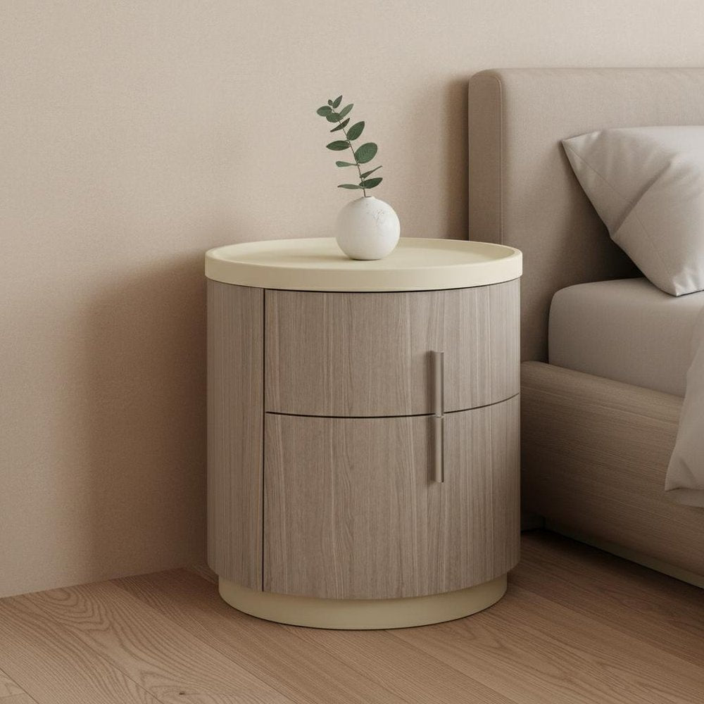 20" Beige And Oak Wood Round Two Drawer Nightstand