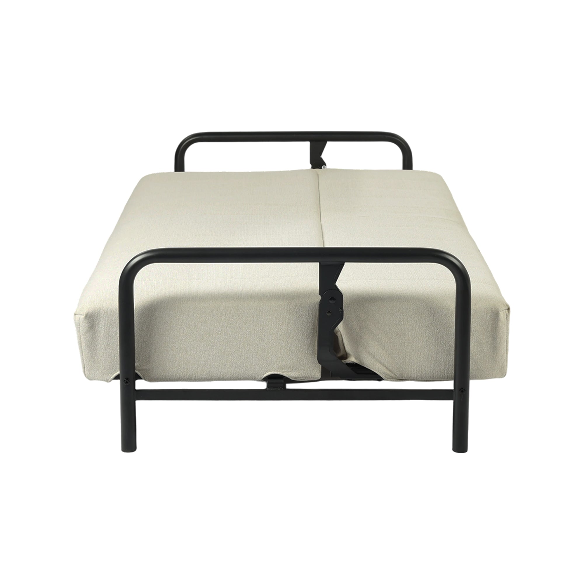 79" Beige Upholstered And Steel Convertible Futon Sleeper Sofa