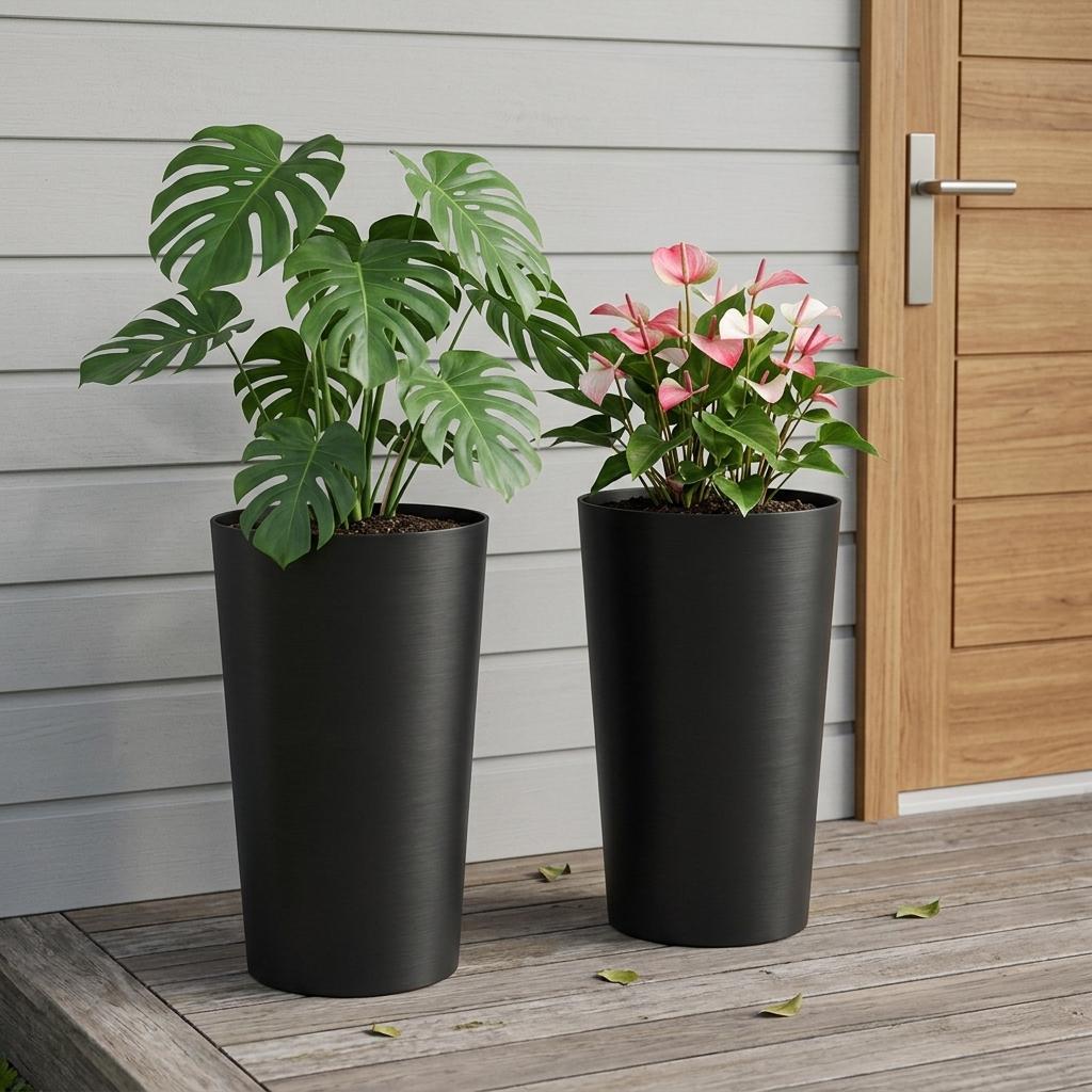 Set of Two Black Heavy Duty Plastic Cylindrical Planter Pots