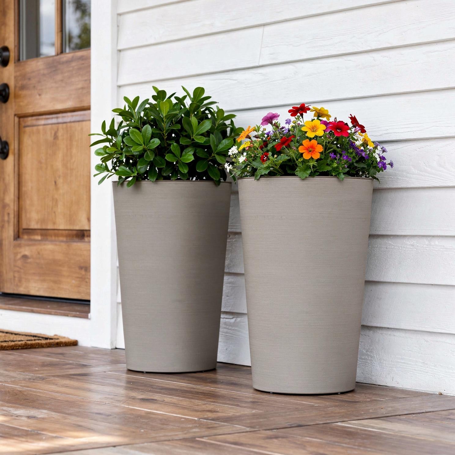 Set of Two Brown Heavy Duty Plastic Cylindrical Planter Pots