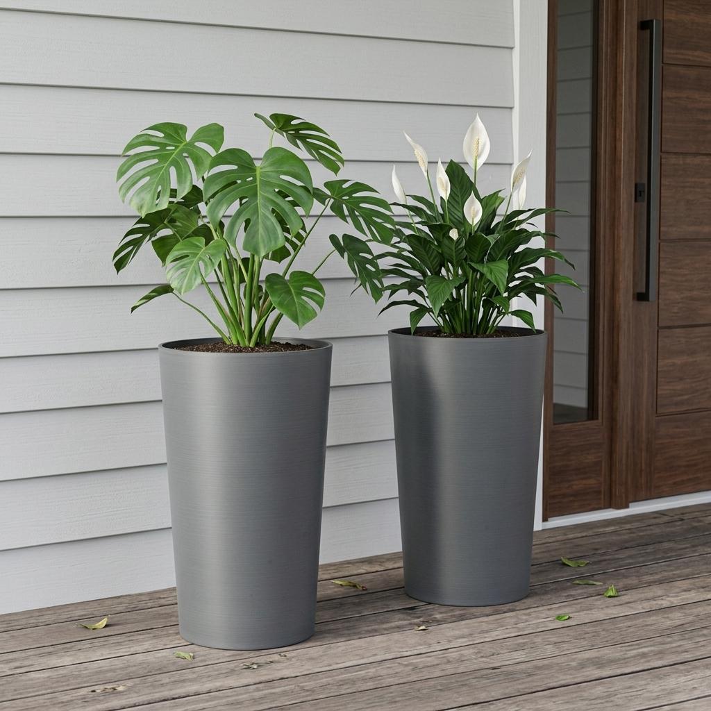 Set of Two Light Gray Heavy Duty Plastic Cylindrical Planter Pots