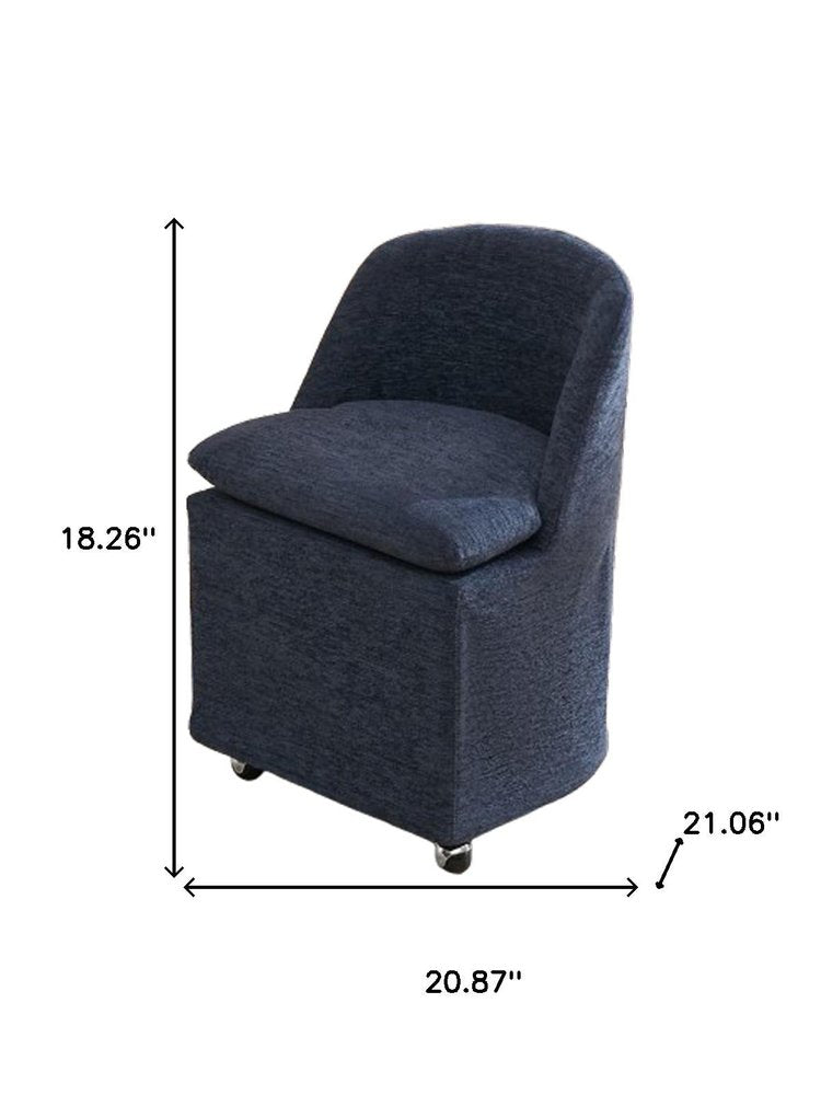 Set of Two Blue Chenille Wing Back Dining Chairs With Wheels