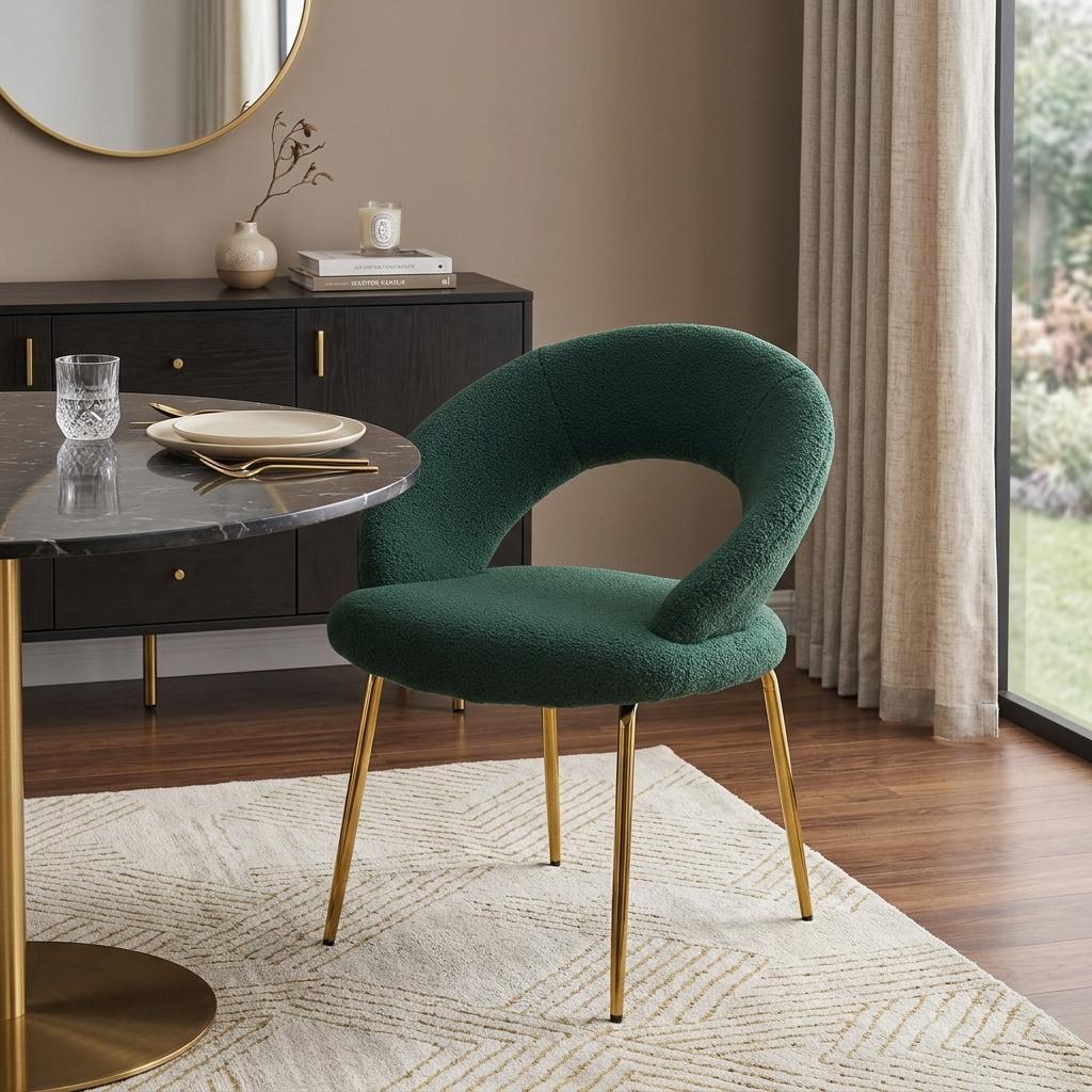 Green and Gold Boucle and Metal Curved Back Dining Side Chair