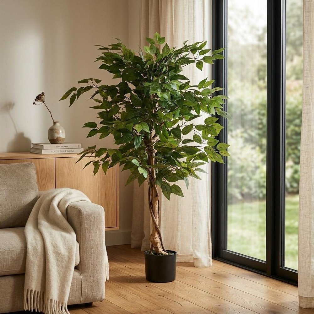 47" Green Artificial Ficus Tree In Cylindrical Black Pot
