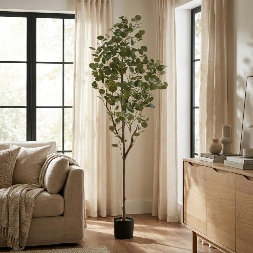 71" Green Artificial Eucalyptus Tree In Cylindrical Black Pot