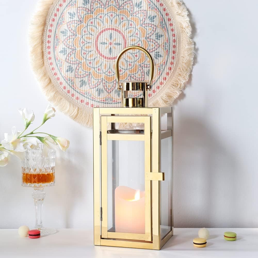 12" Clear And Gold Glass And Stainless Steel Tabletop Lantern Candle Holder