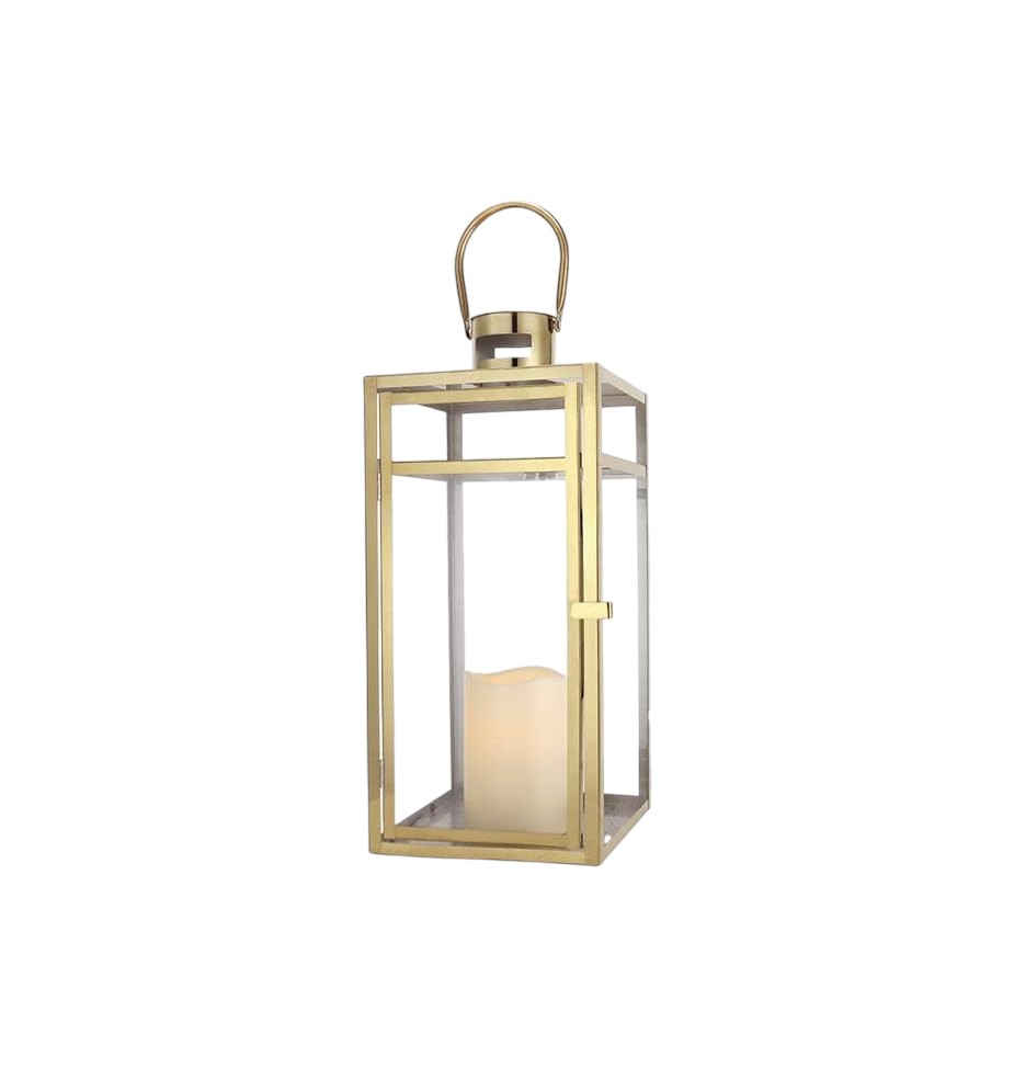 Set of Three Clear And Gold Glass And Stainless Steel Tabletop Lantern Candle Holders