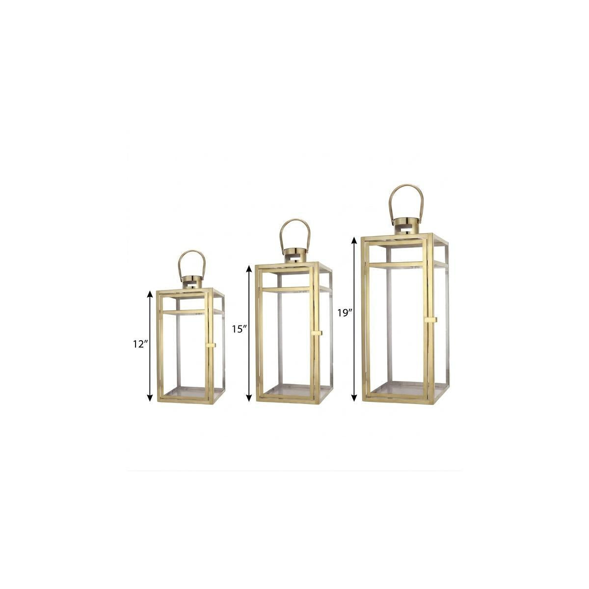 Set of Three Clear And Gold Glass And Stainless Steel Tabletop Lantern Candle Holders