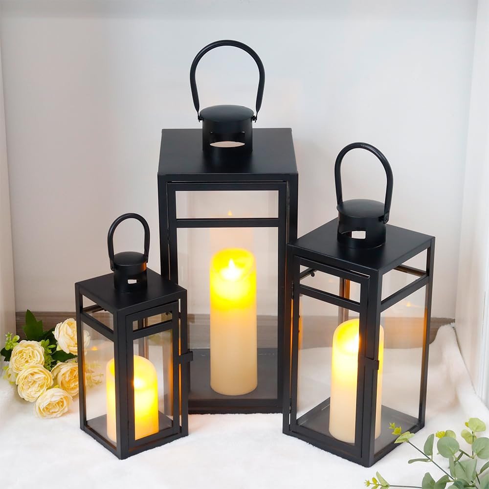 Set of Three Clear And Black Glass And Stainless Steel Tabletop Lantern Candle Holders