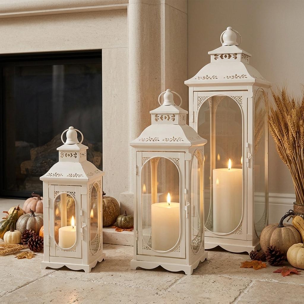 Set of Three Clear And White Glass And Metal Floor Lantern Candle Holders
