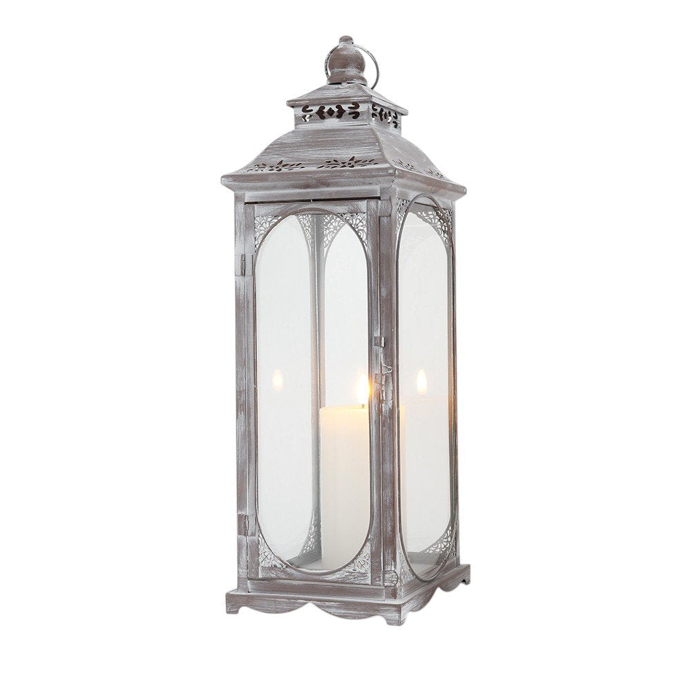 Set of Three Clear And Gray Glass And Metal Tabletop Lantern Candle Holders