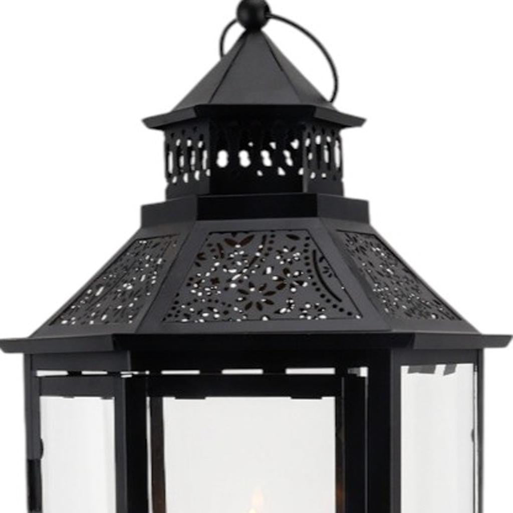 Set of Three Clear And Black Glass And Metal Floor Lantern Candle Holders