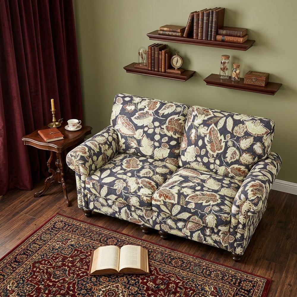 56" Sage Navy Blue And Brown Floral Loveseat