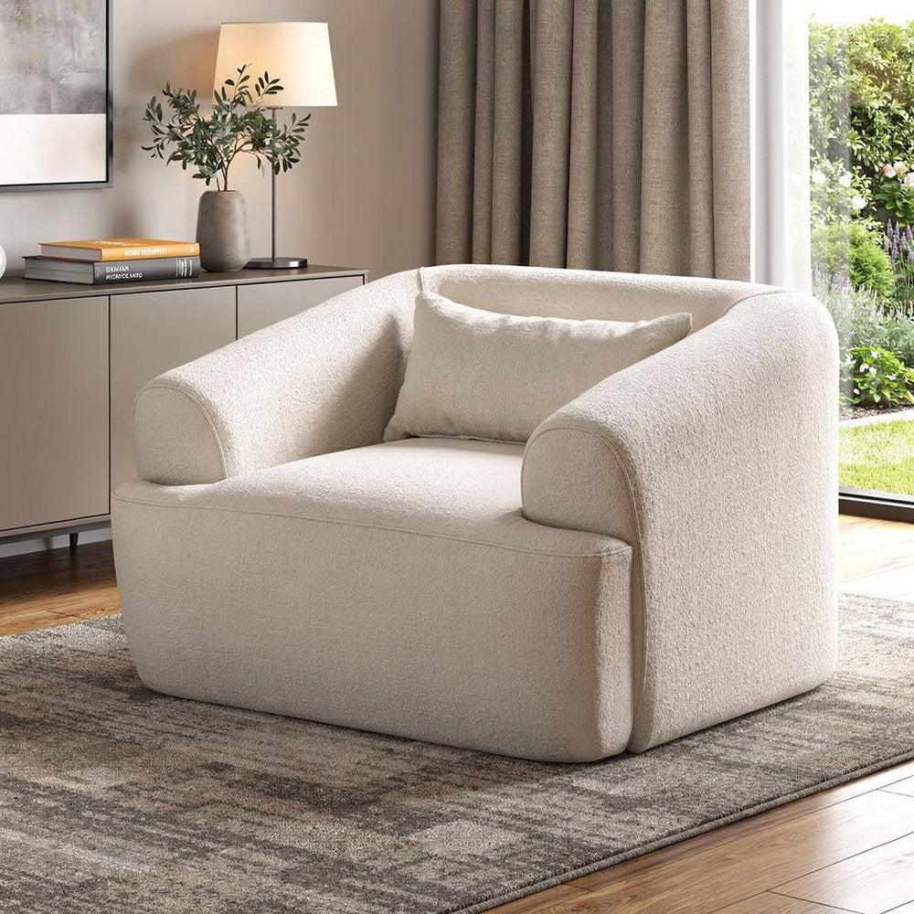 42" White Boucle Arm Chair With Lumbar Pillow