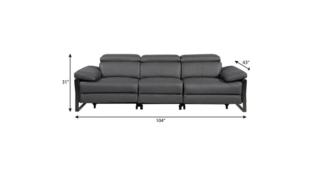 103" Dark Gray Top Grain Leather Reclining Metal USB Sofa