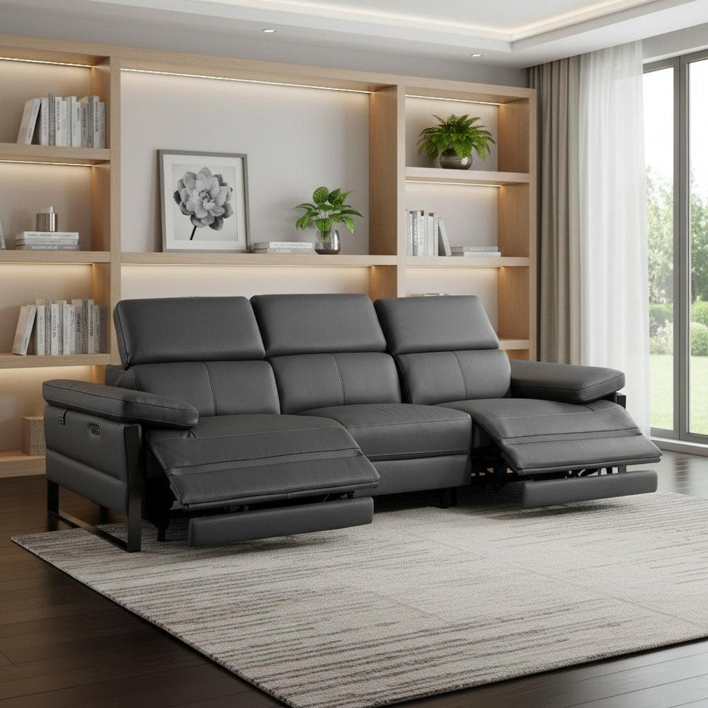 103" Dark Gray Top Grain Leather Reclining Metal USB Sofa