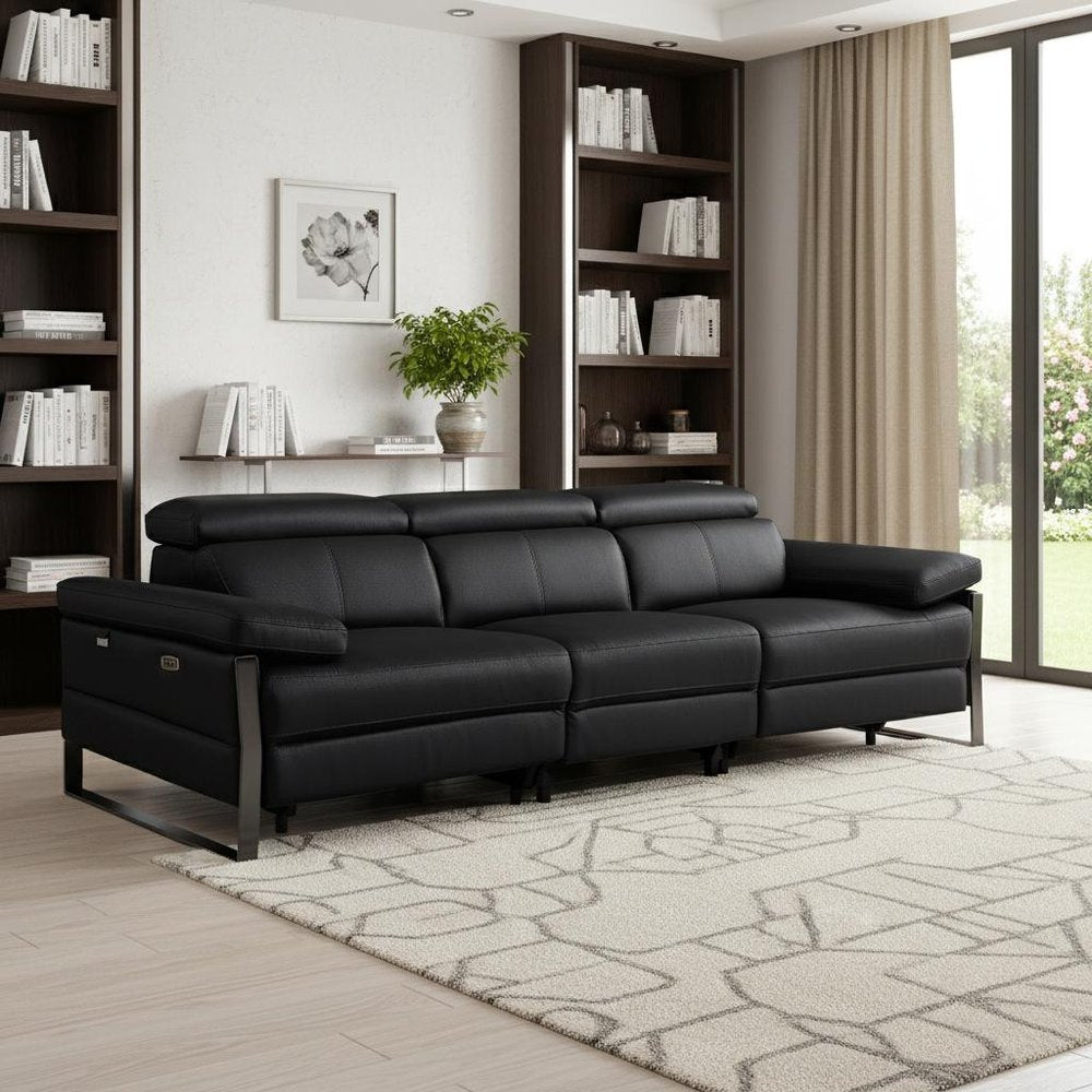 103" Dark Gray Top Grain Leather Reclining Metal USB Sofa