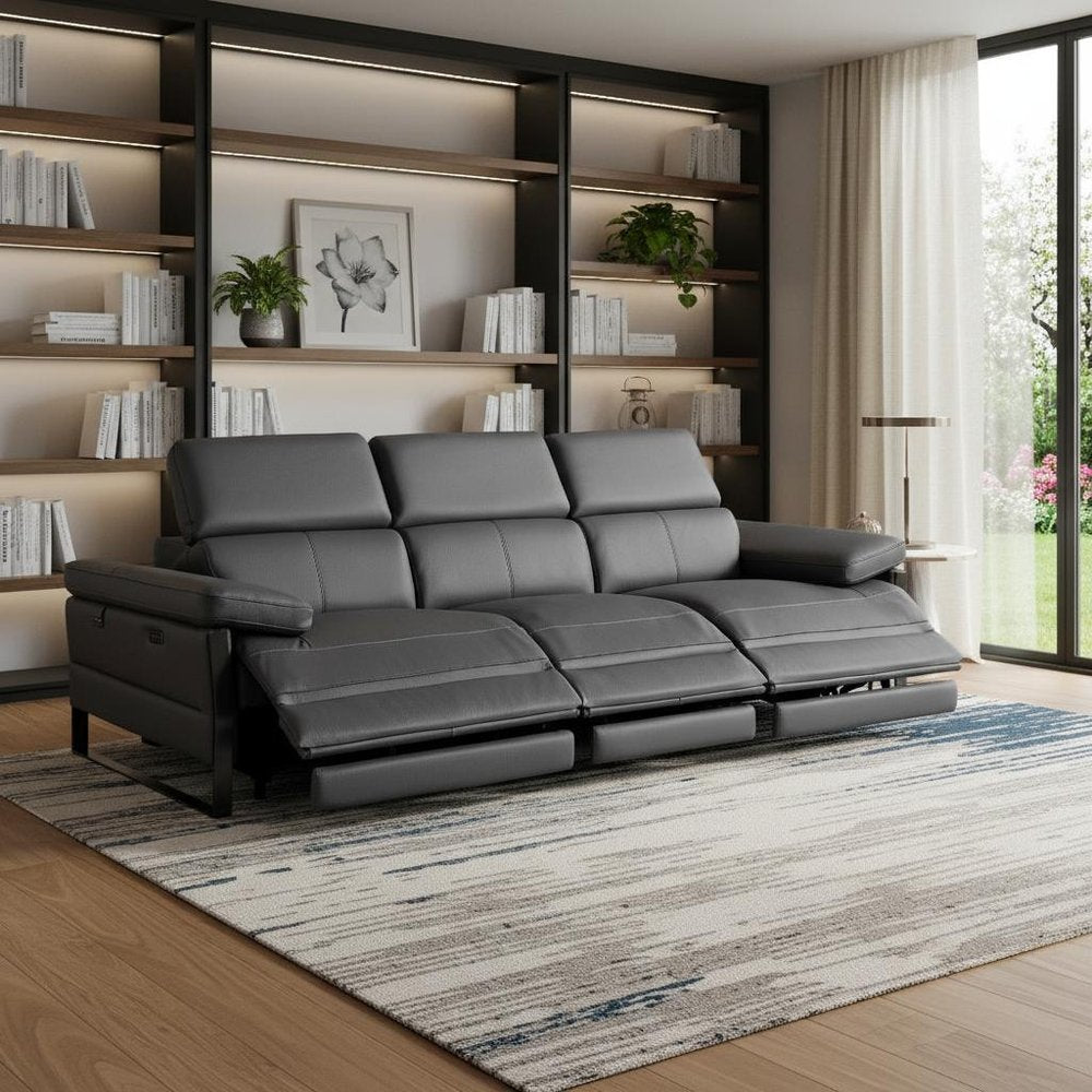 103" Dark Gray Top Grain Leather Reclining Metal USB Sofa