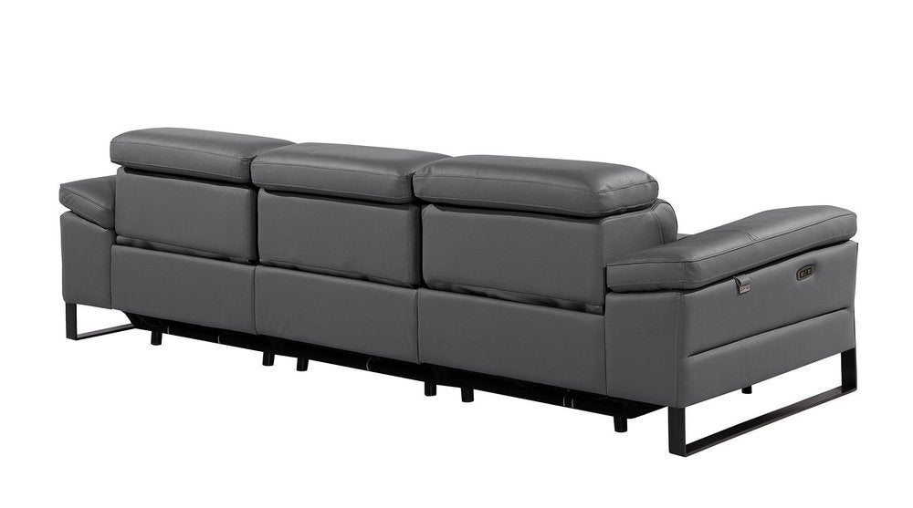 103" Dark Gray Top Grain Leather Reclining Metal USB Sofa