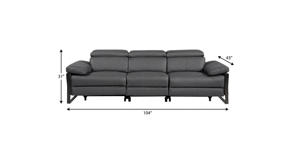 103" Dark Gray Top Grain Leather Reclining Metal USB Sofa