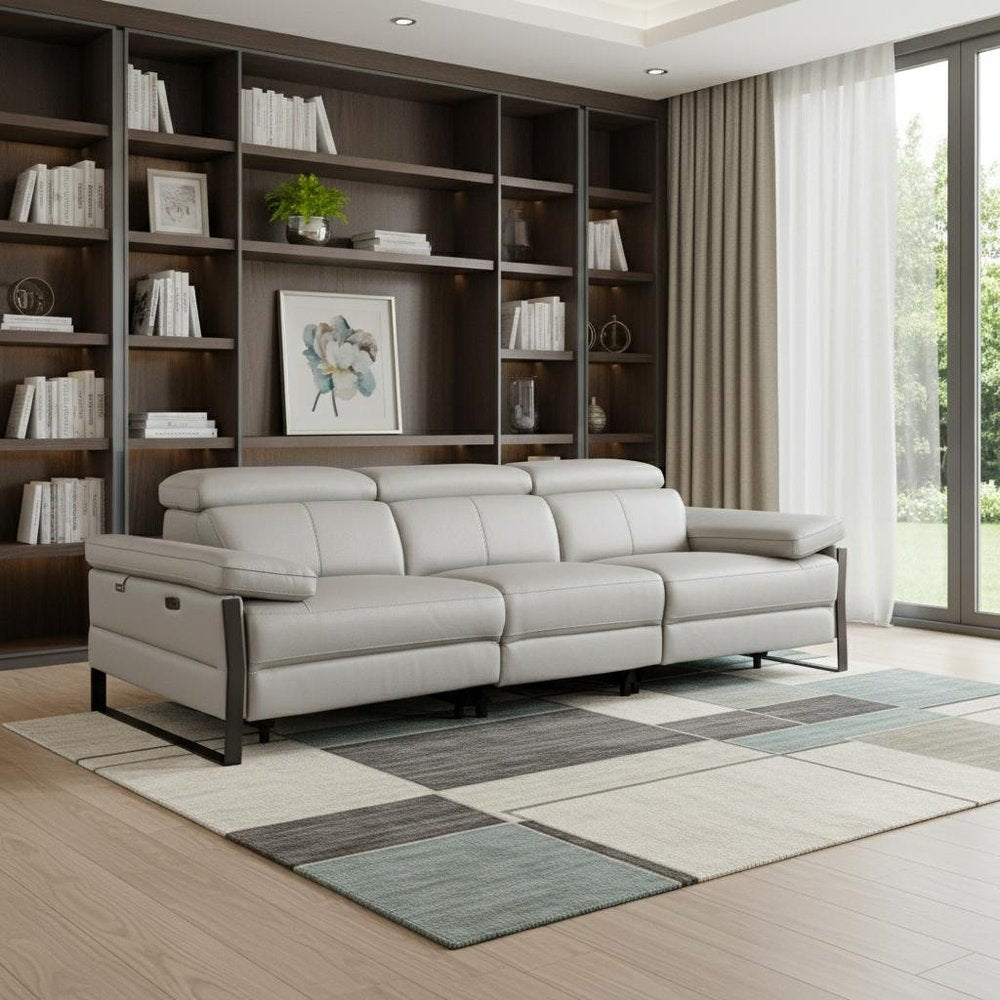 103" Dark Gray Top Grain Leather Reclining Metal USB Sofa
