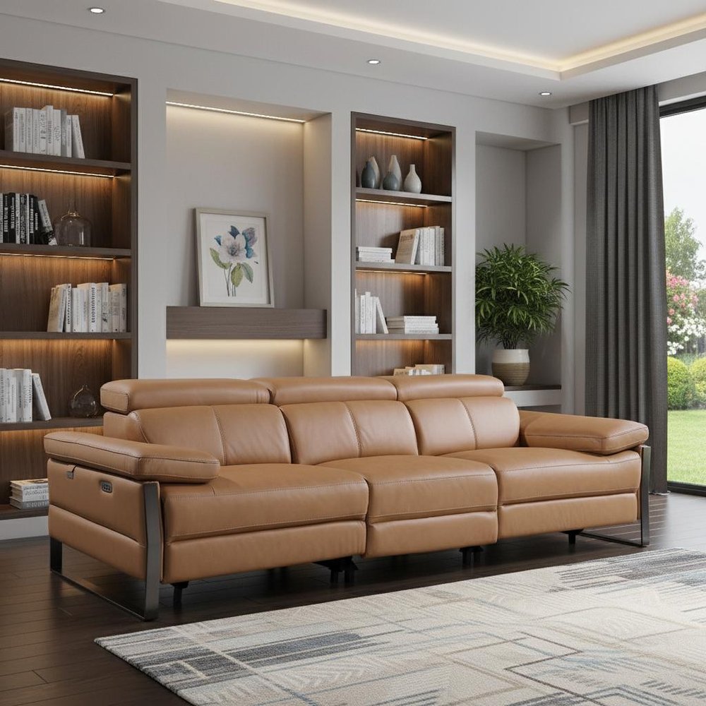 103" Dark Gray Top Grain Leather Reclining Metal USB Sofa