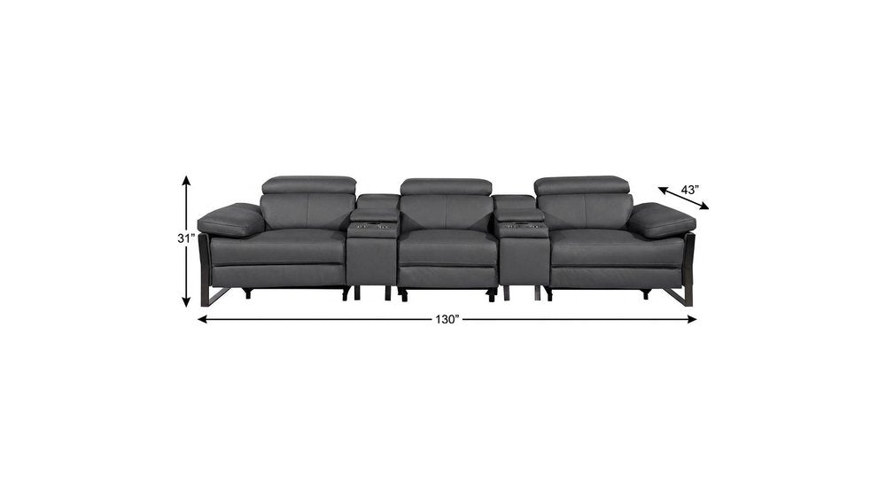 129" Dark Gray Top Grain Leather Reclining Metal USB Sofa