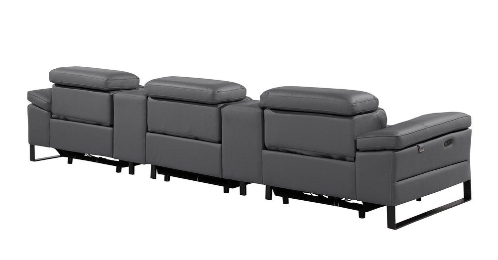 129" Dark Gray Top Grain Leather Reclining Metal USB Sofa