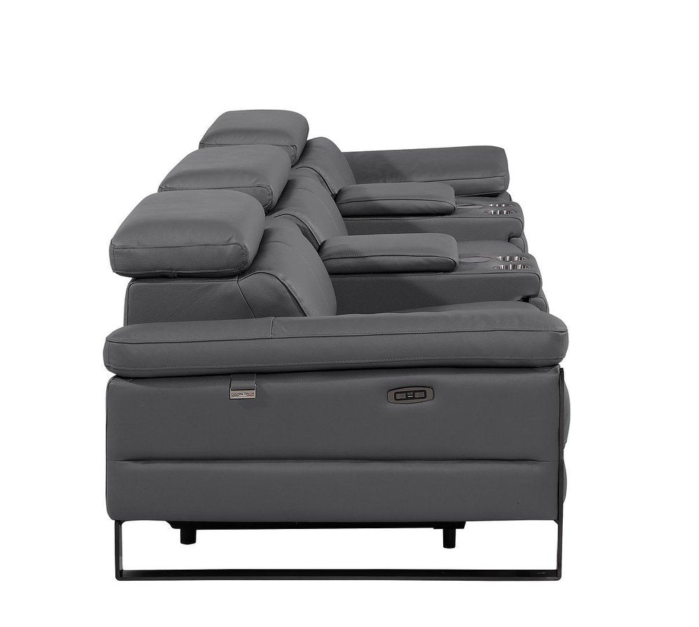 129" Dark Gray Top Grain Leather Reclining Metal USB Sofa