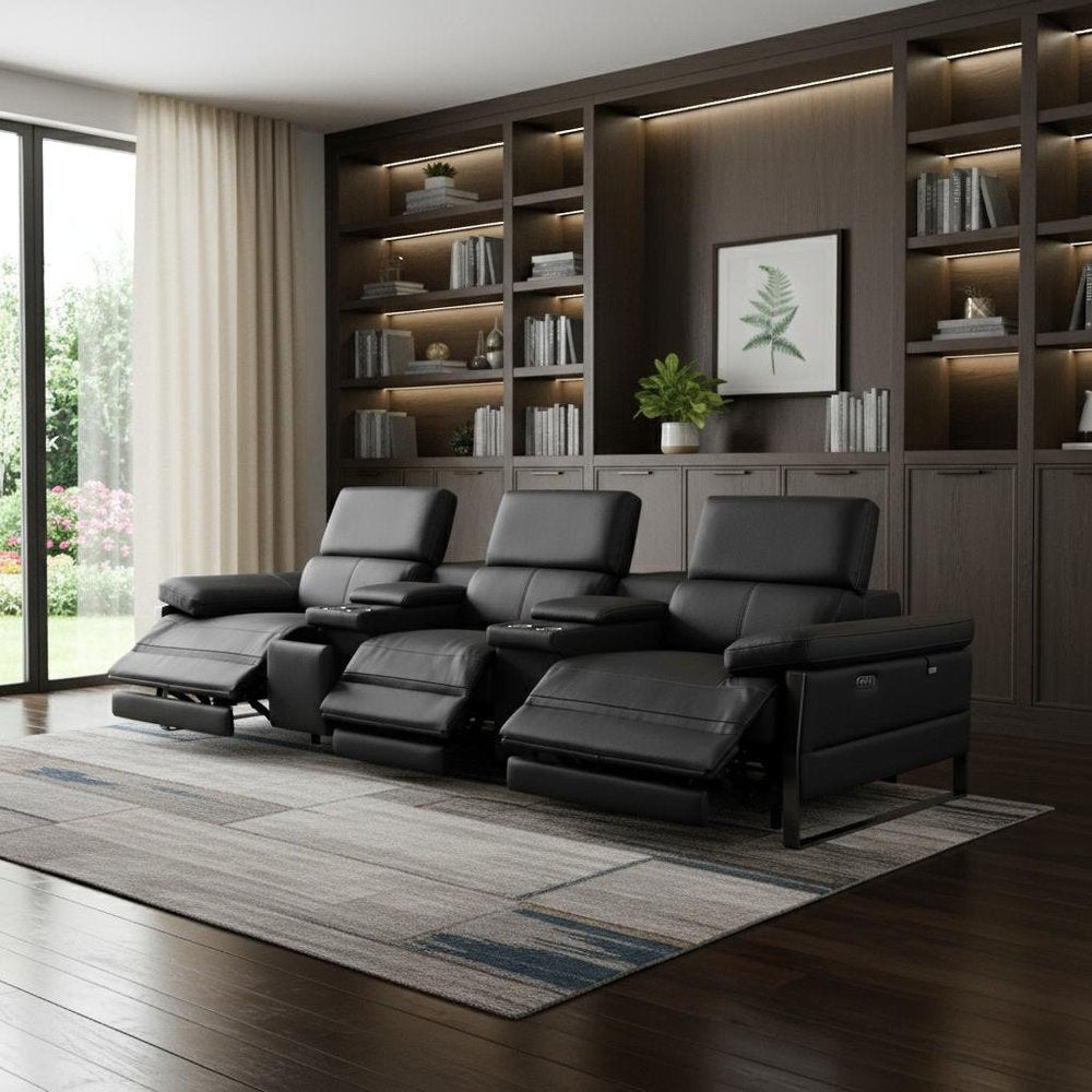 129" Dark Gray Top Grain Leather Reclining Metal USB Sofa
