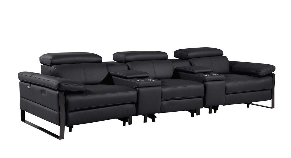 129" Dark Gray Top Grain Leather Reclining Metal USB Sofa