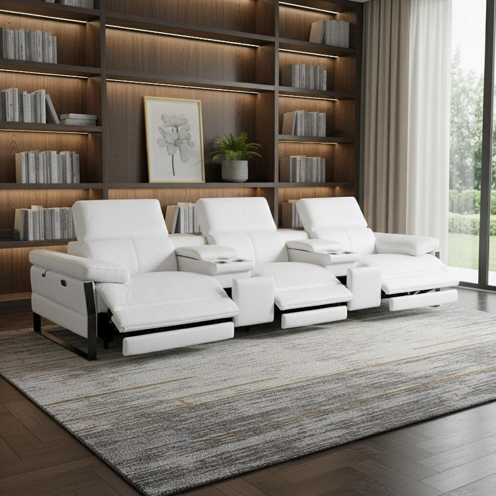 129" Dark Gray Top Grain Leather Reclining Metal USB Sofa