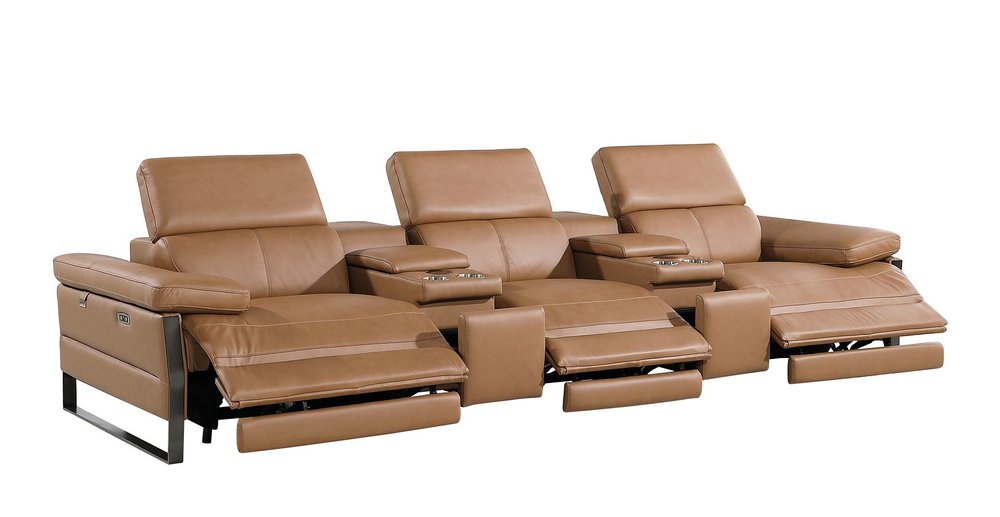 129" Dark Gray Top Grain Leather Reclining Metal USB Sofa