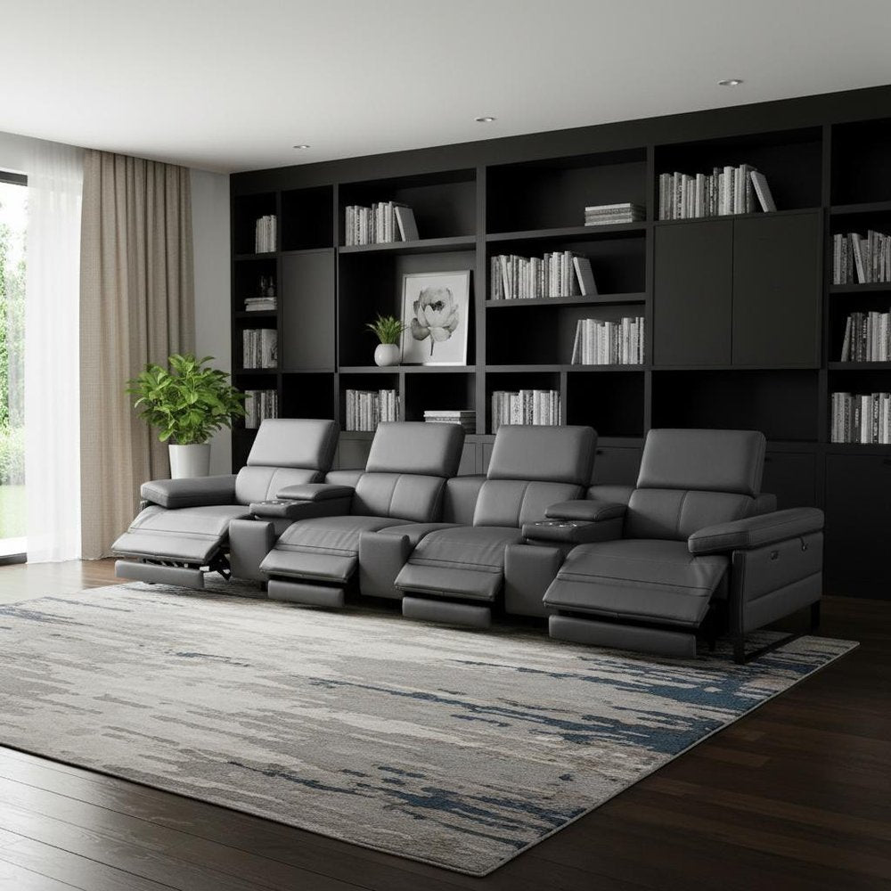 169" Dark Gray Top Grain Leather Reclining Metal USB Sofa