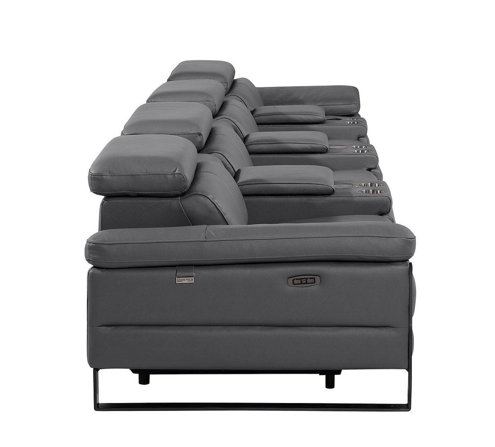 169" Dark Gray Top Grain Leather Reclining Metal USB Sofa