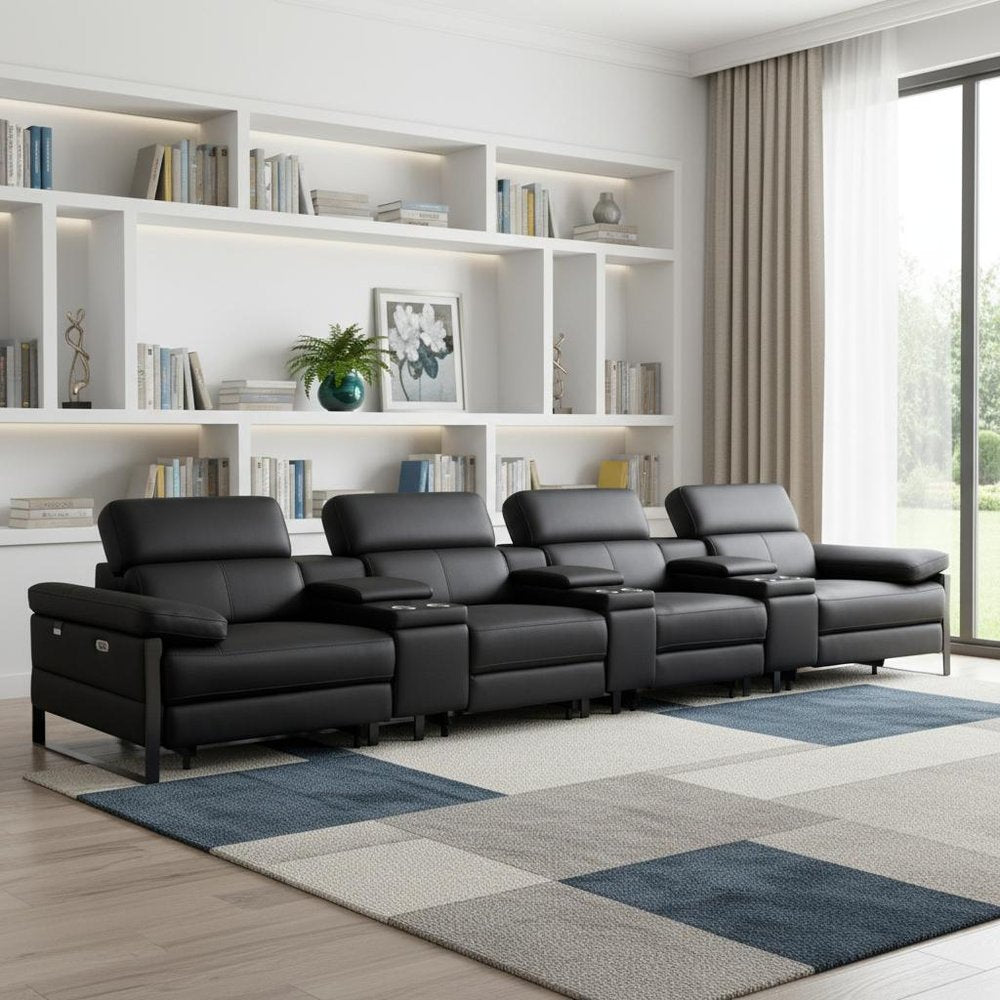 169" Dark Gray Top Grain Leather Reclining Metal USB Sofa