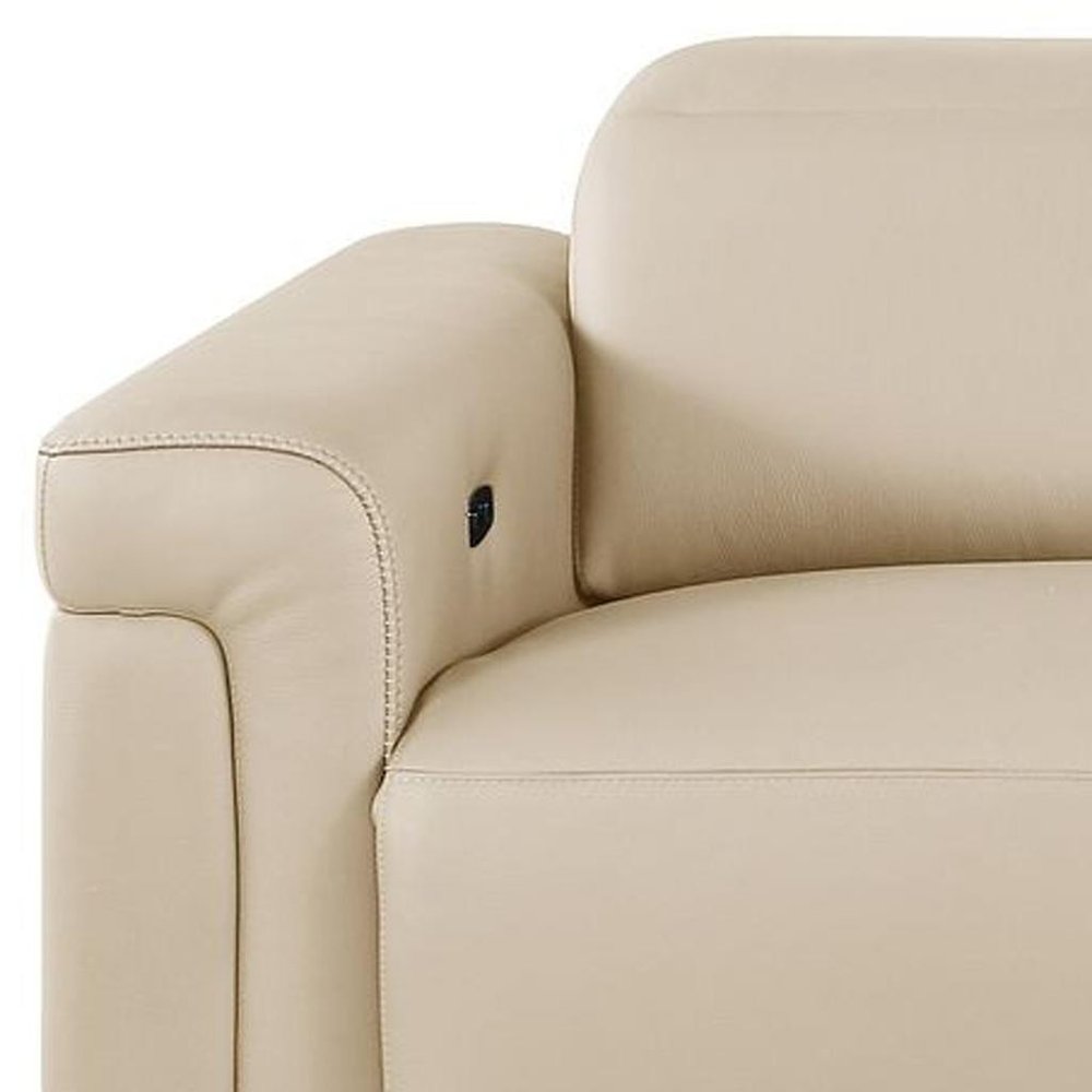 100" Beige Top Grain Leather Reclining Metal USB Sofa