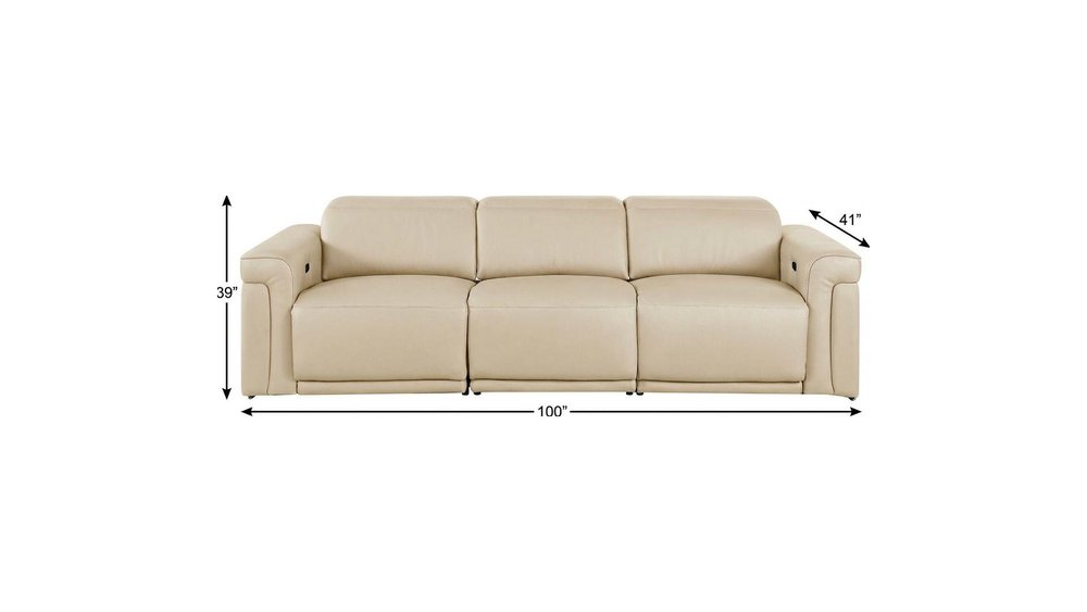 100" Beige Top Grain Leather Reclining Metal USB Sofa